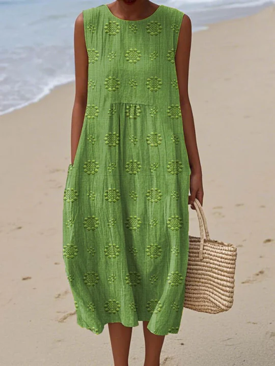 Textured Dot Sleeveless Round Neck Midi Dress