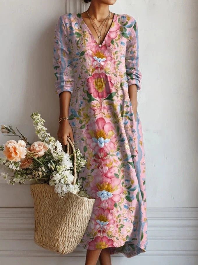 Floral Print V-Neck Long Sleeve Shift Midi Dress
