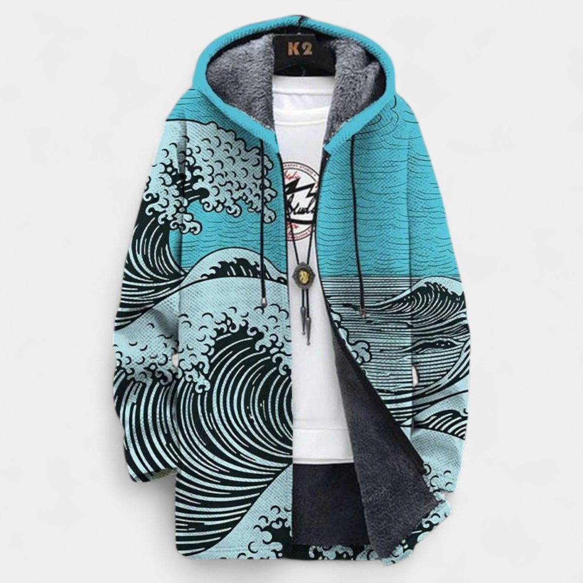 Wave Print Fleece Lined Hooded Zip Front Jacket