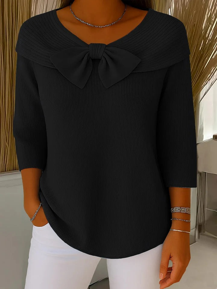 Bow Foldover Neck 3/4 Sleeve Ribbed Knit Sweater 6