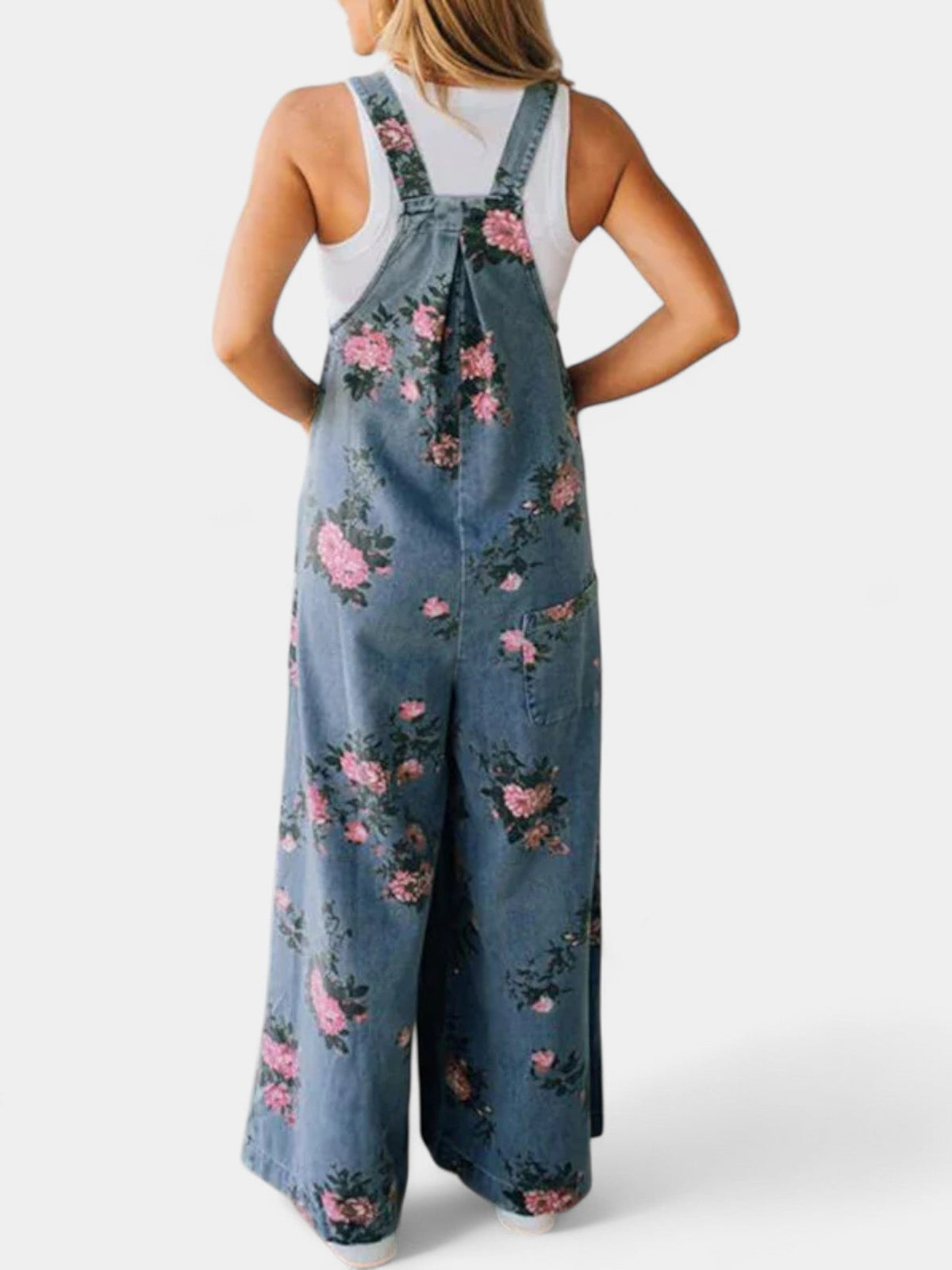 Floral Print Wide Leg Denim Overalls 2