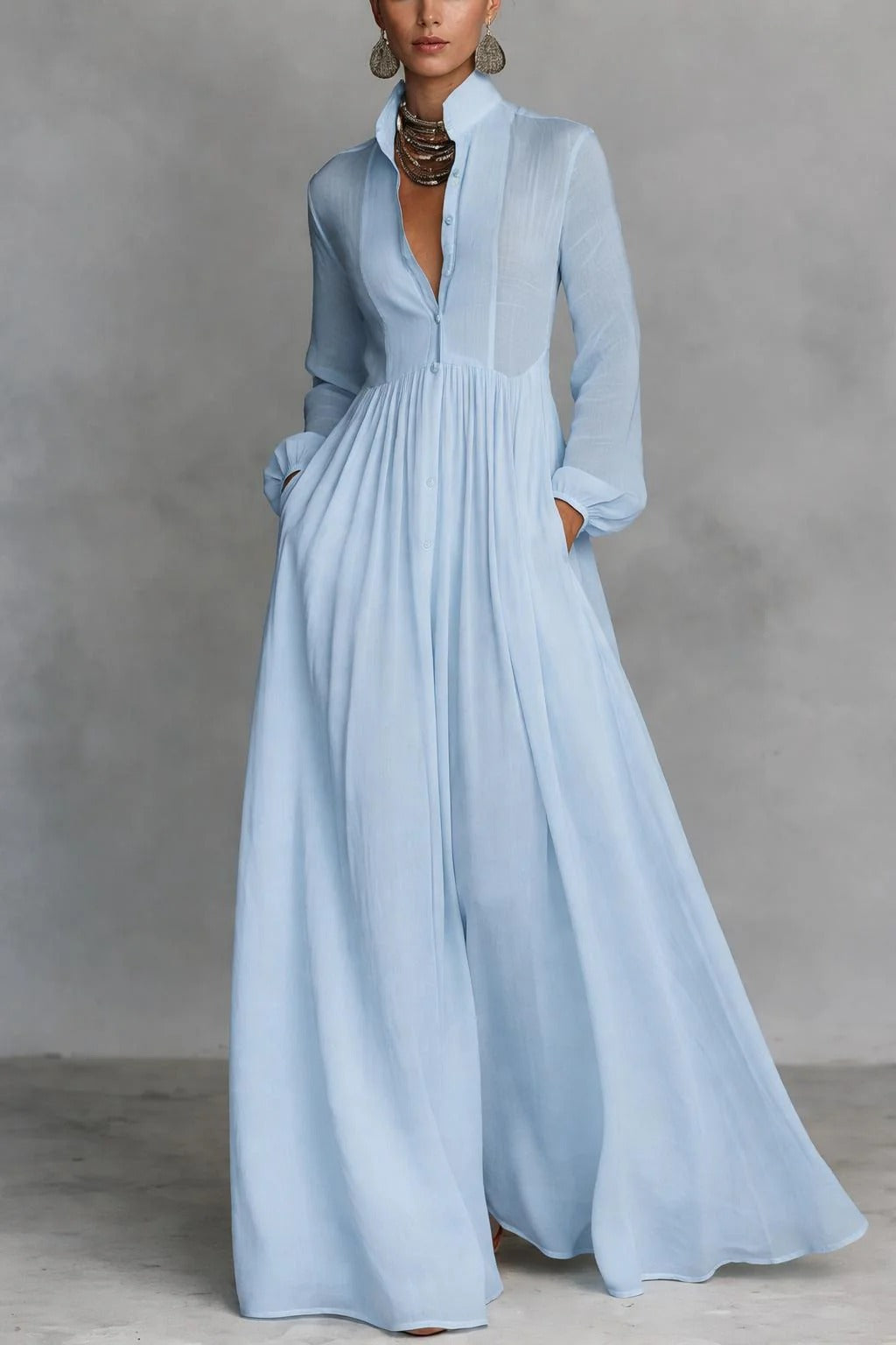 Stand Collar Long Sleeve Button Front Flowy Maxi Shirt Dress