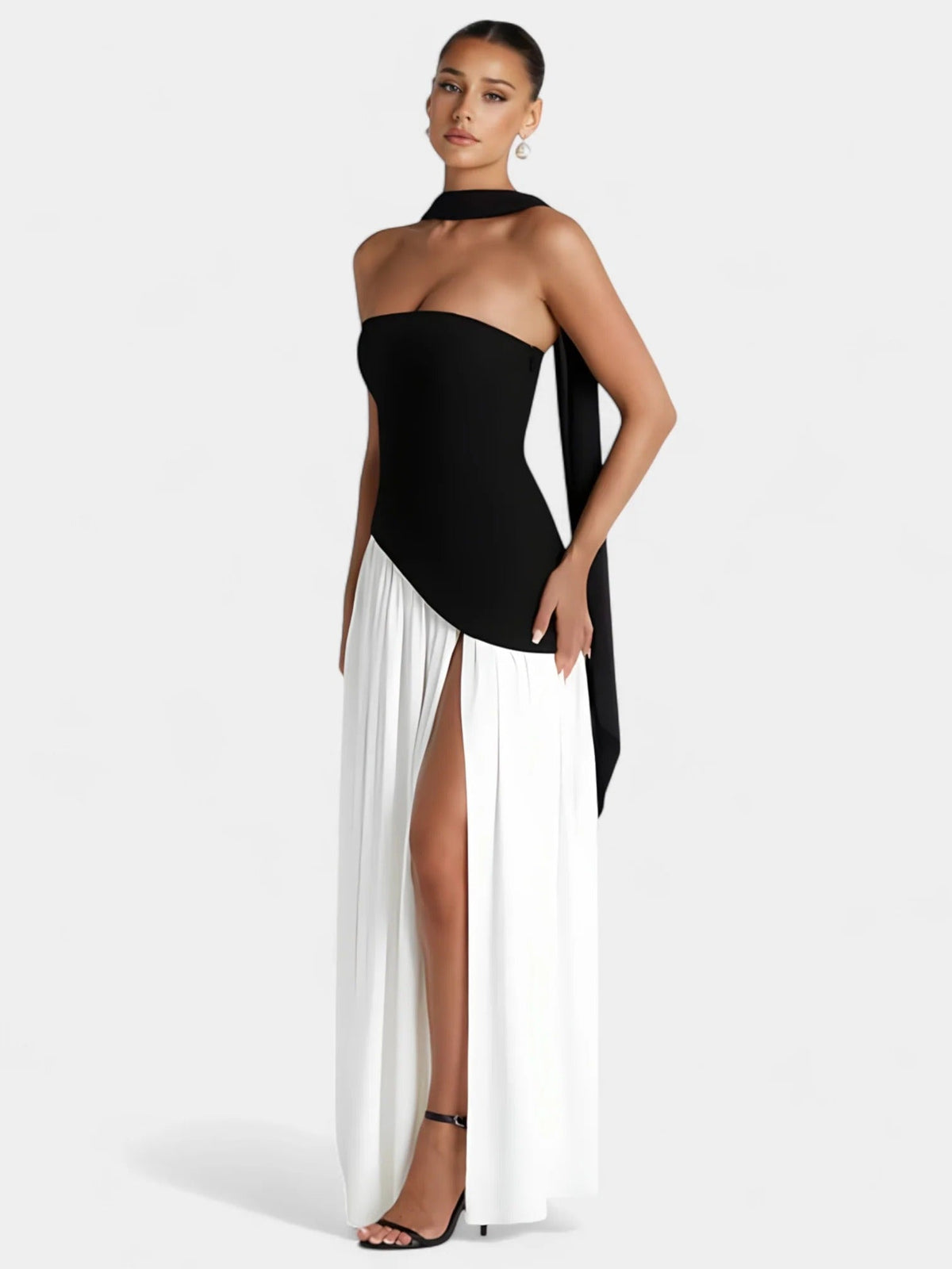 Strapless Scarf Neck Pleated Peplum Maxi Dress 15