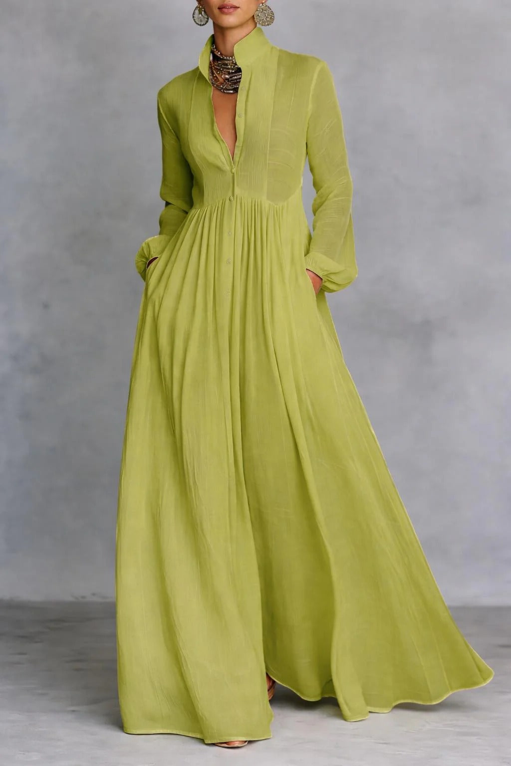Stand Collar Deep V-Neck Long Sleeve Pleated Flowing Maxi Dress