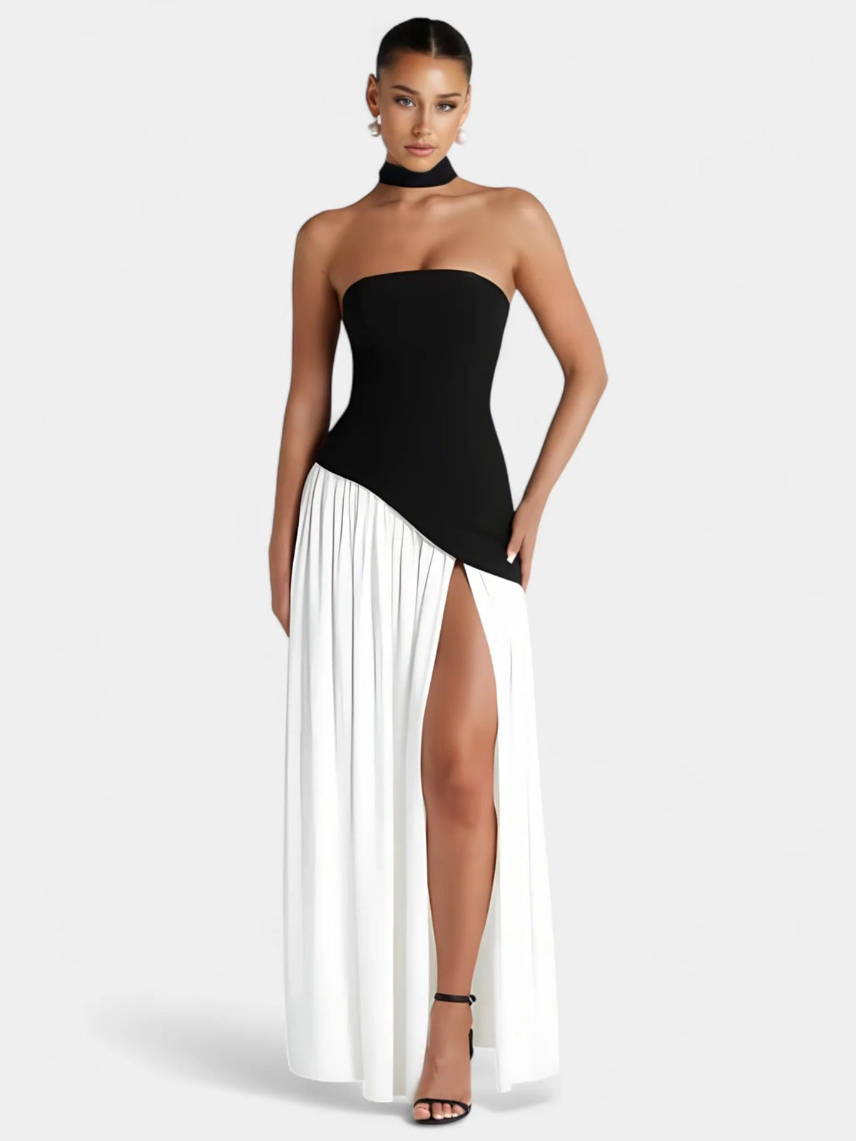 Strapless Scarf Neck Pleated Peplum Maxi Dress 16