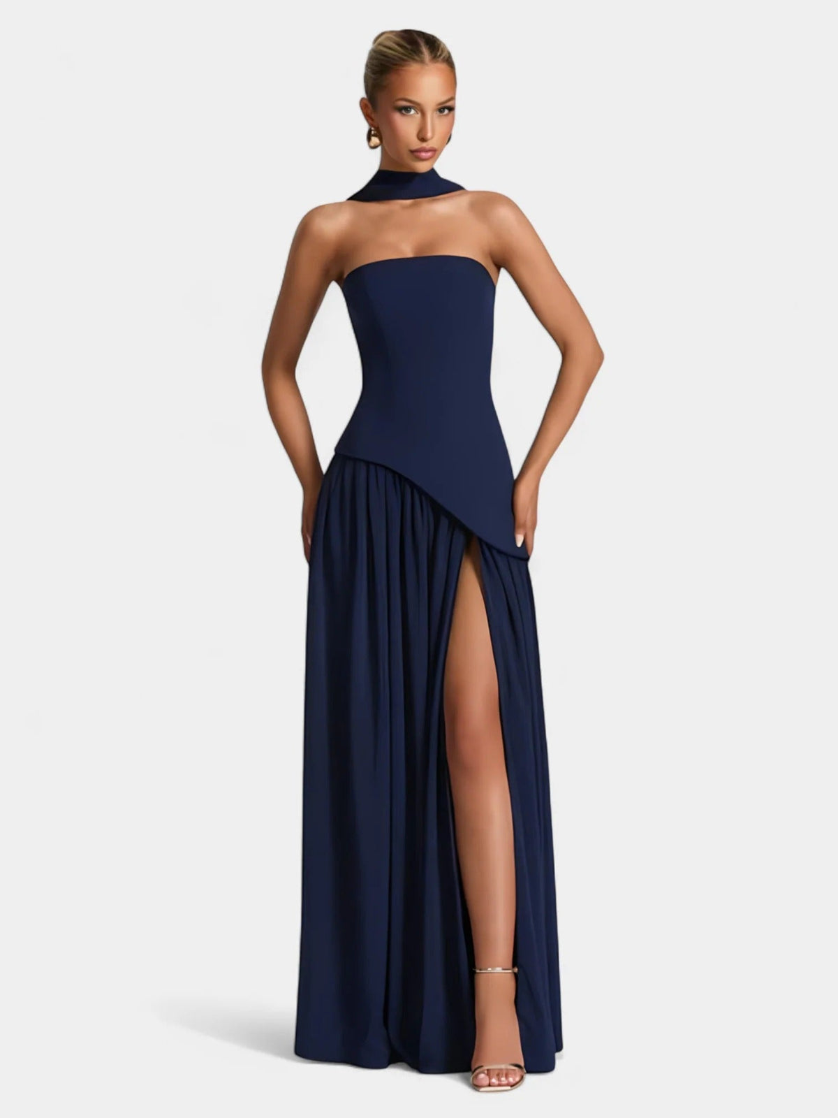 Strapless Scarf Neck Pleated Peplum Maxi Dress 17