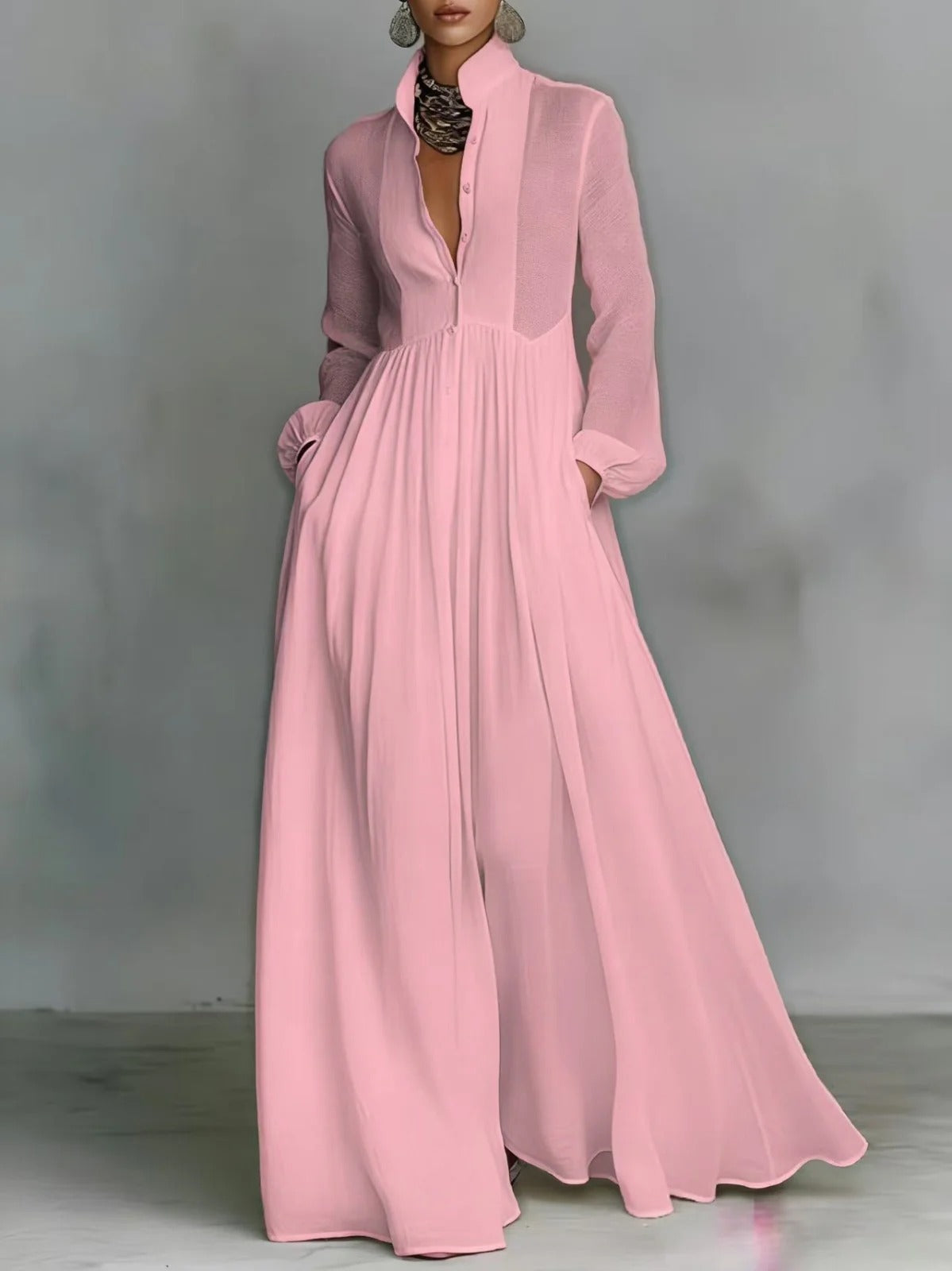 Stand Collar Button Front Long Sleeve Flowy Maxi Dress