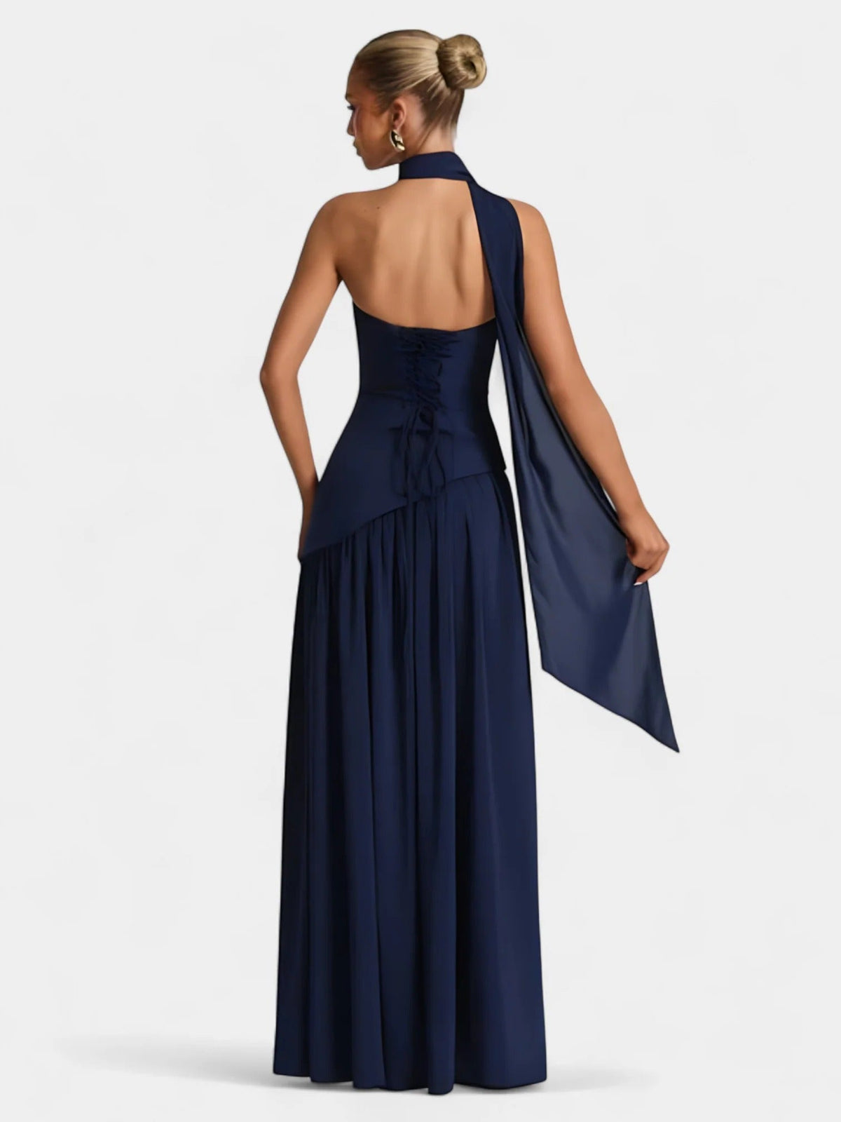 Strapless Scarf Neck Pleated Peplum Maxi Dress 18