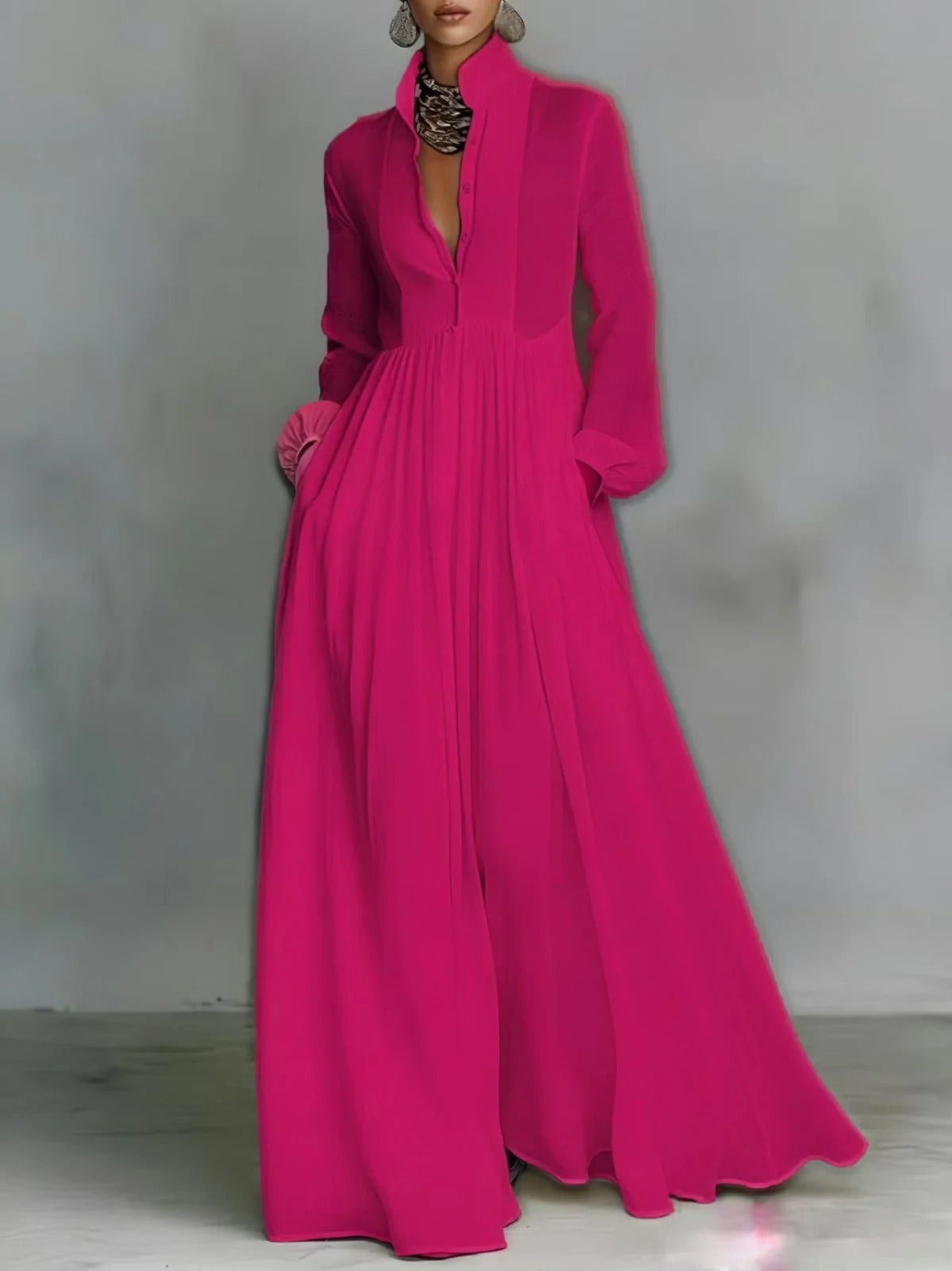 Stand Collar Long Sleeve Button Front Pleated Flowing Maxi Dress