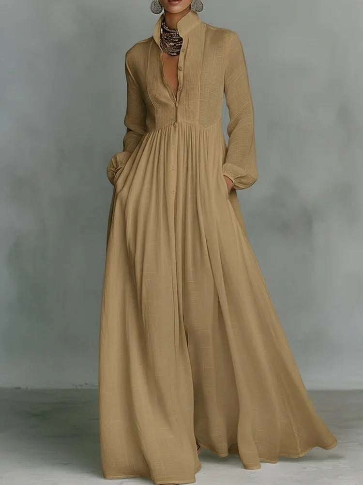 Stand Collar Long Sleeve Button Front Pleated Maxi Shirt Dress