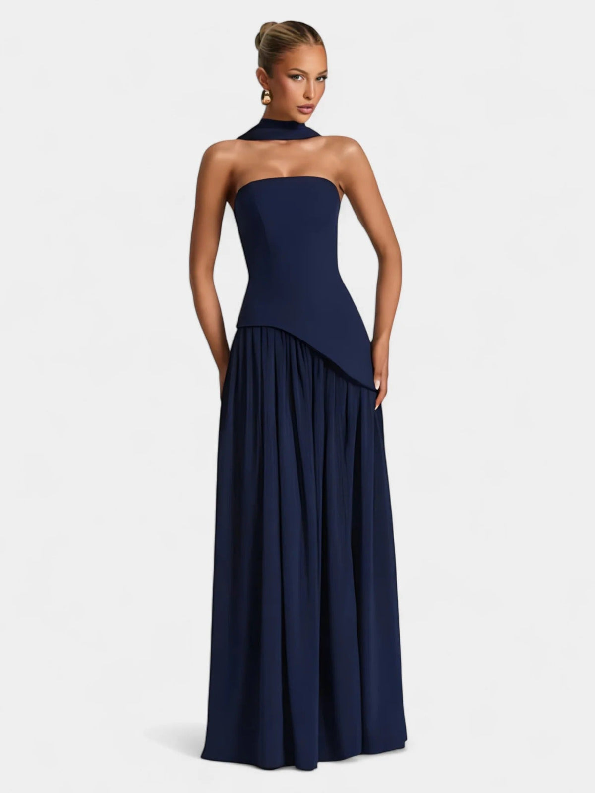 Strapless Scarf Neck Pleated Peplum Maxi Dress 21