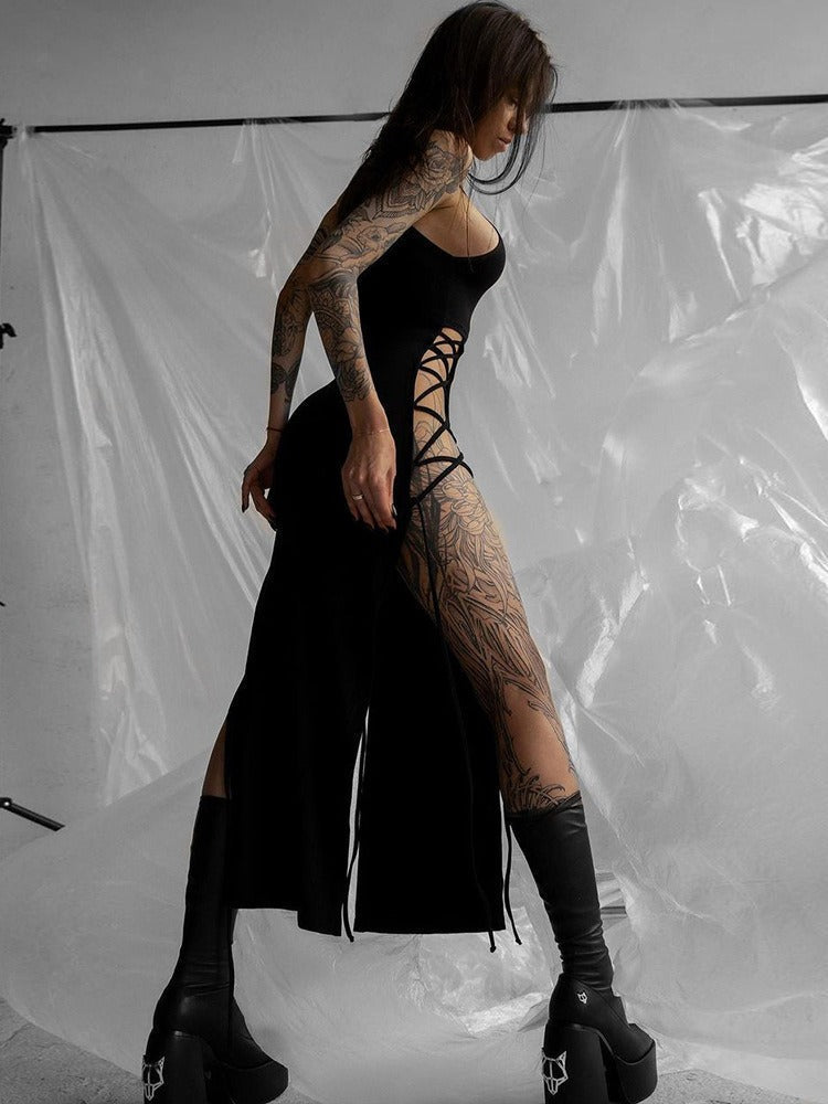 Hollow out sleeveless lace up slit solid maxi dress - View 3