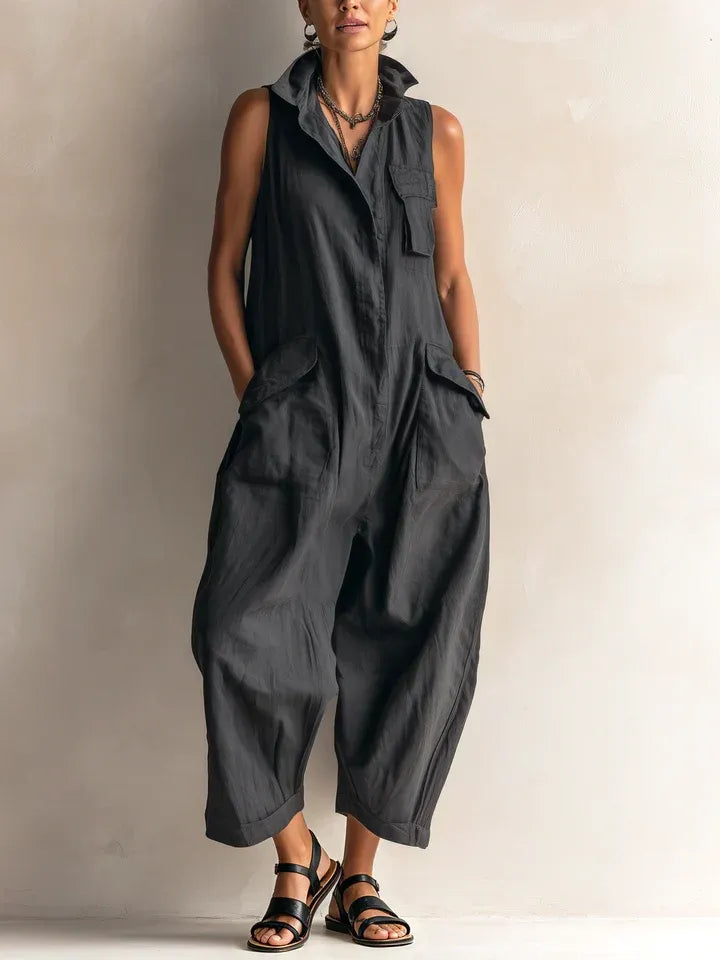 Collared Sleeveless Patch Pocket Wide Leg Jumpsuit