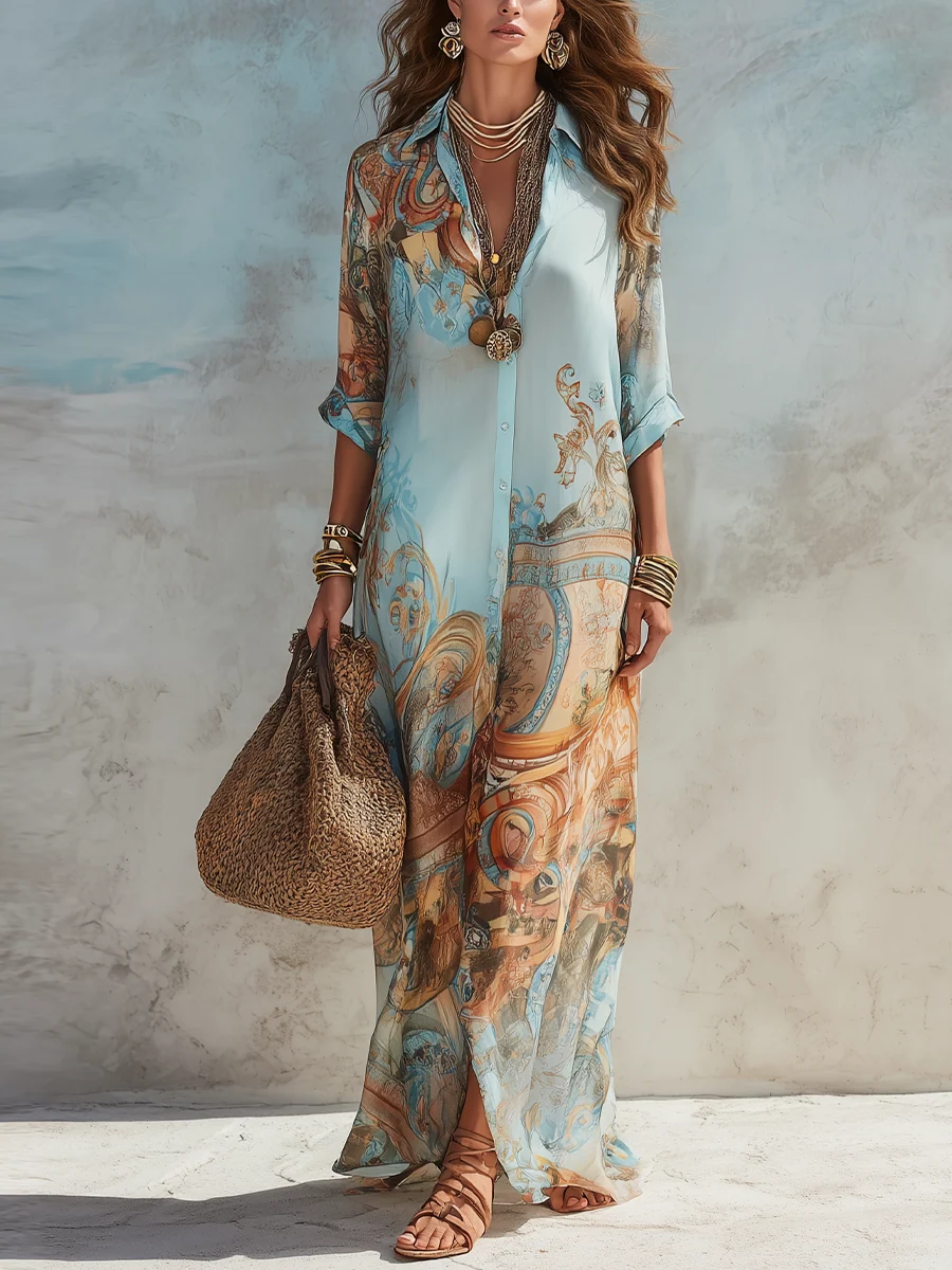 Baroque Print Button Front Long Sleeve Shirt Maxi Dress