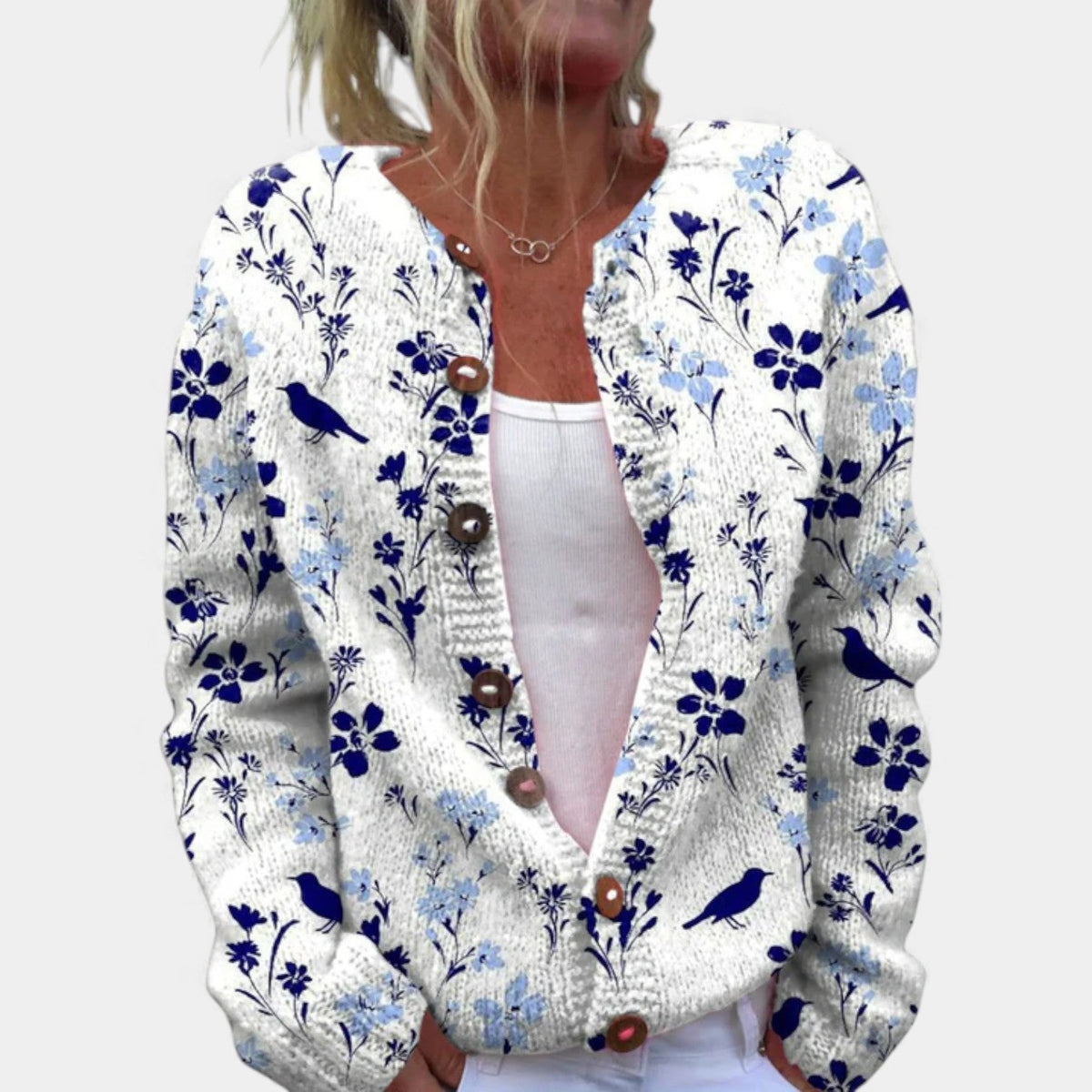 Floral Bird Print Round Neck Button Front Knit Cardigan