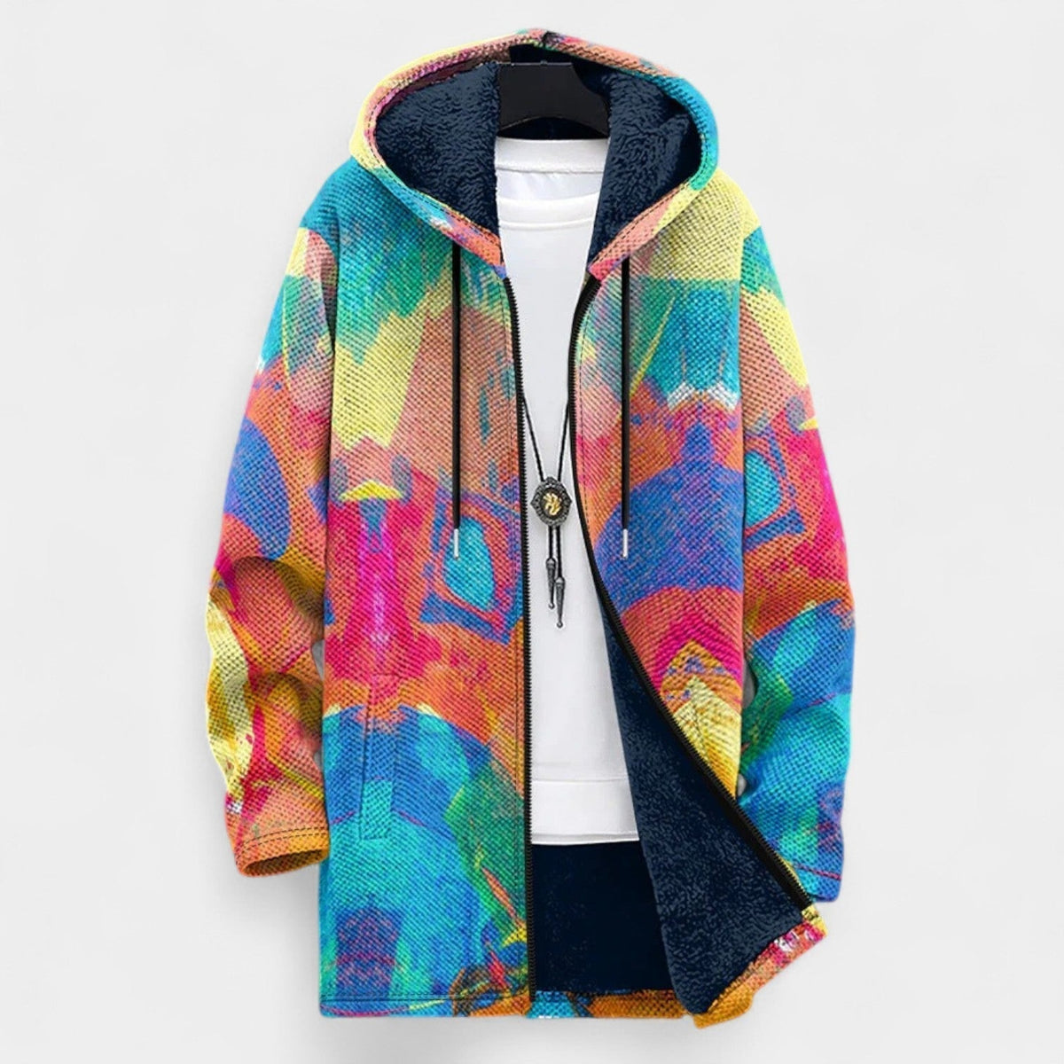 Abstract Tie Dye Fleece Lined Hooded Zip Front Jacket