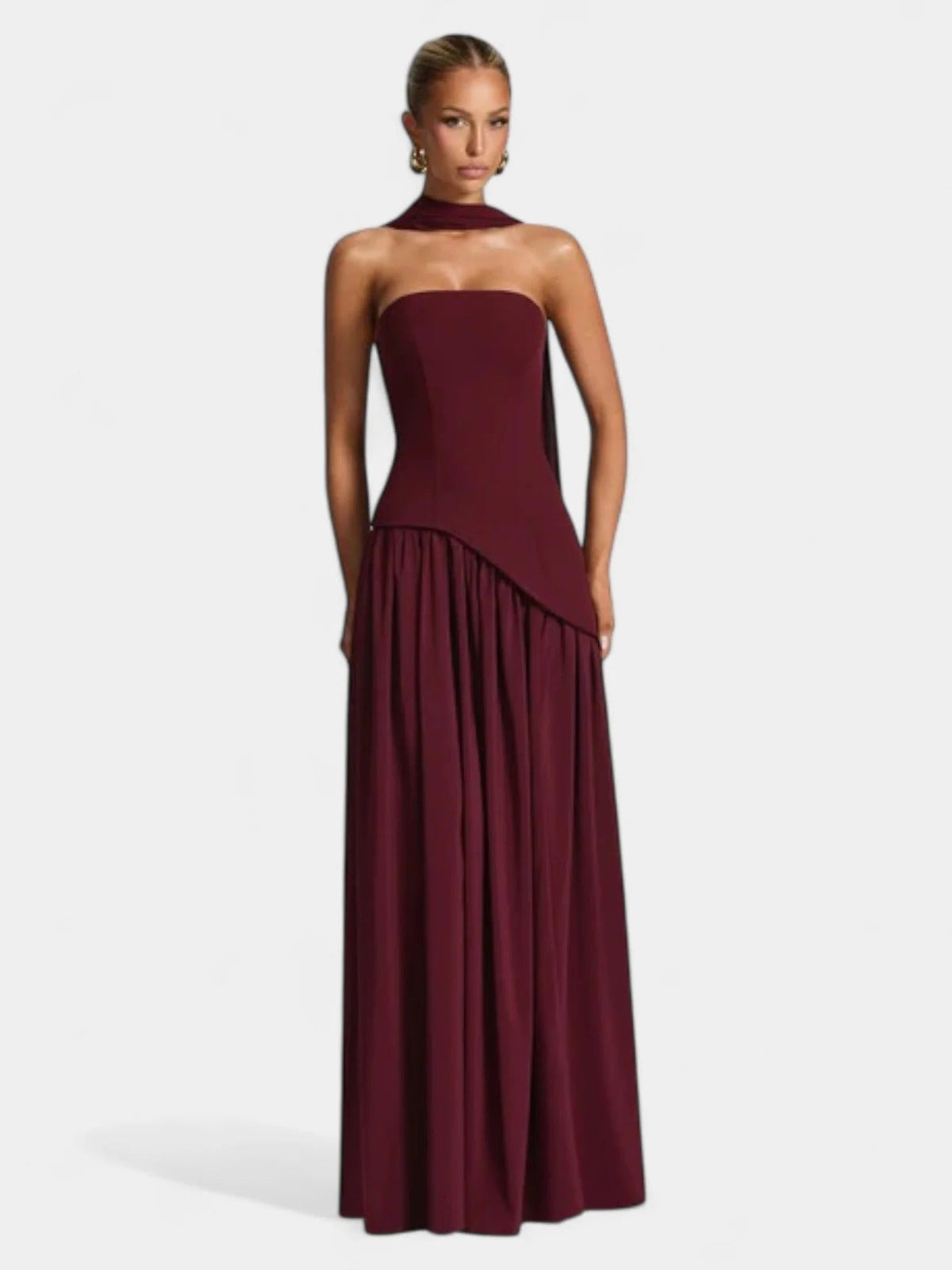Strapless Scarf Neck Pleated Peplum Maxi Dress 25