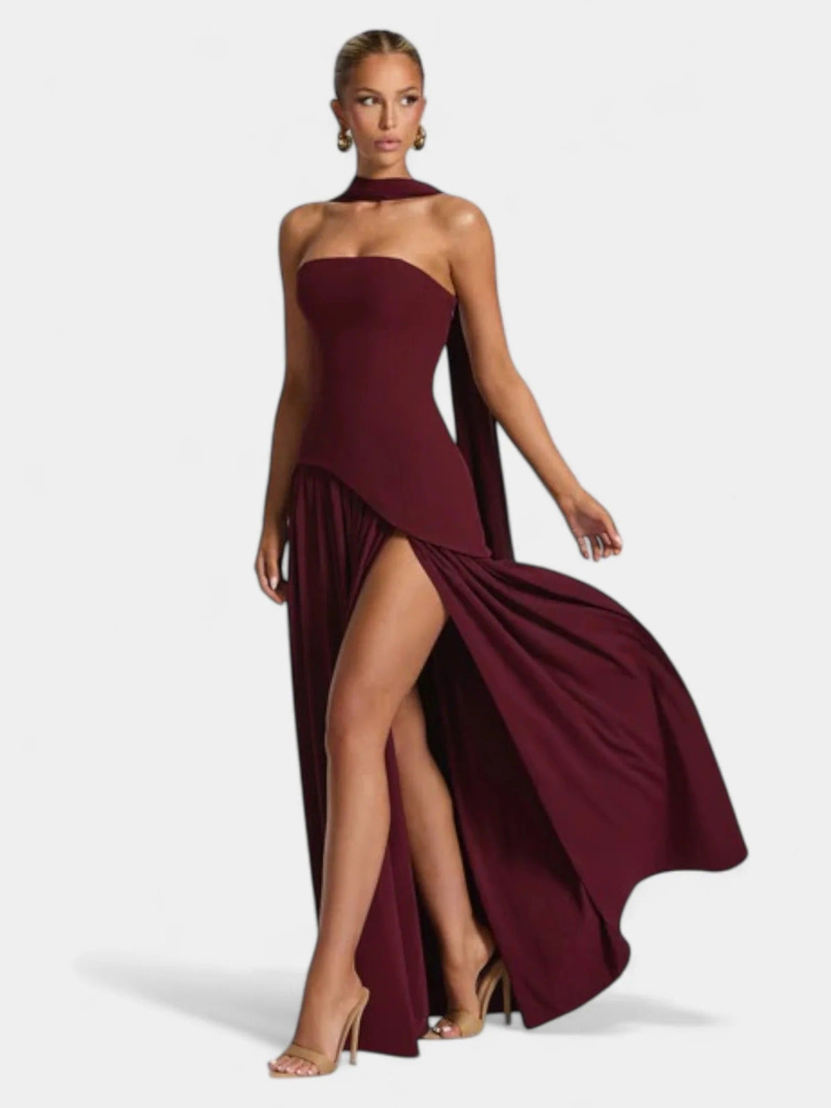 Strapless Scarf Neck Pleated Peplum Maxi Dress 26