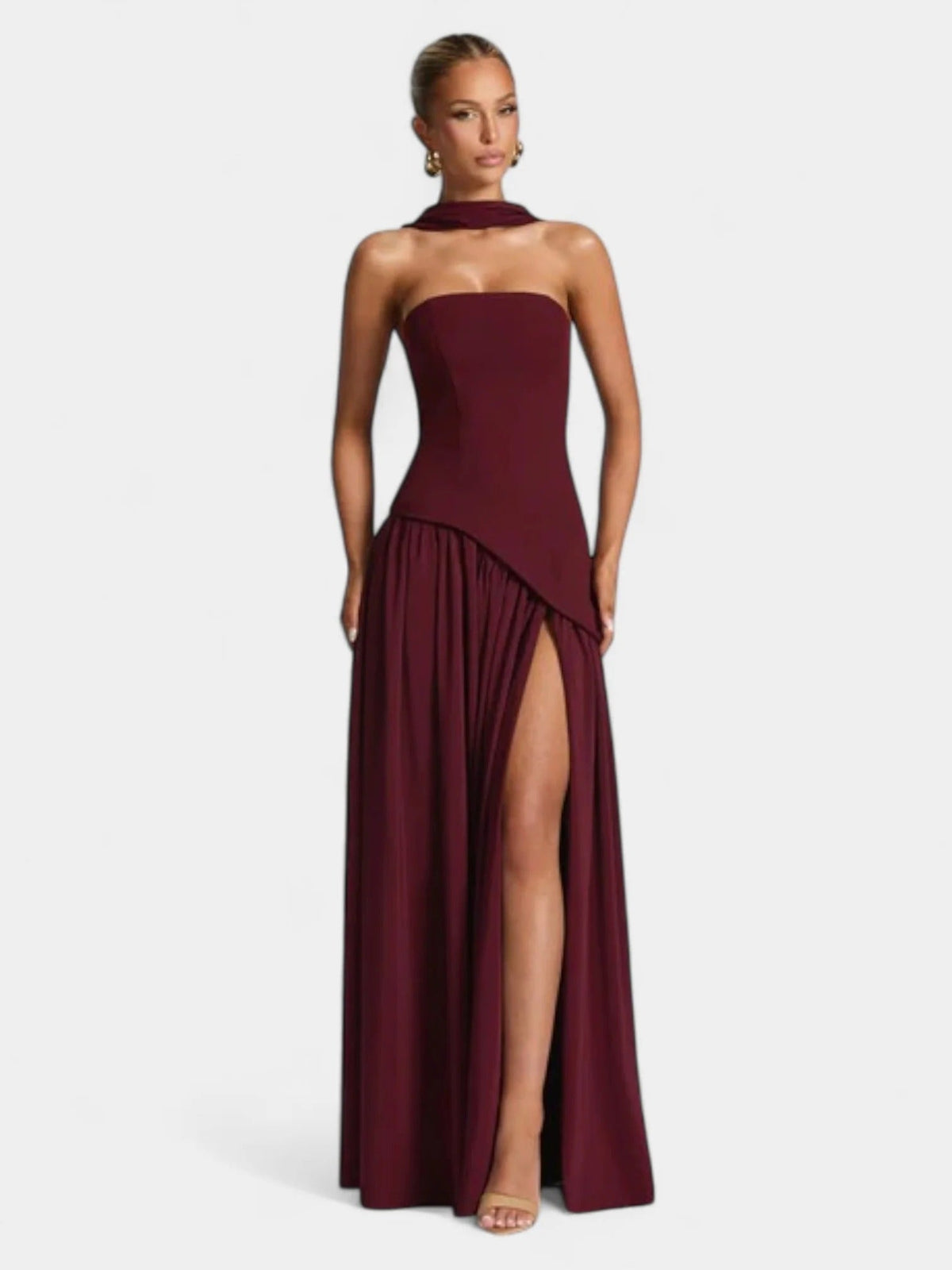Strapless Scarf Neck Pleated Peplum Maxi Dress 27
