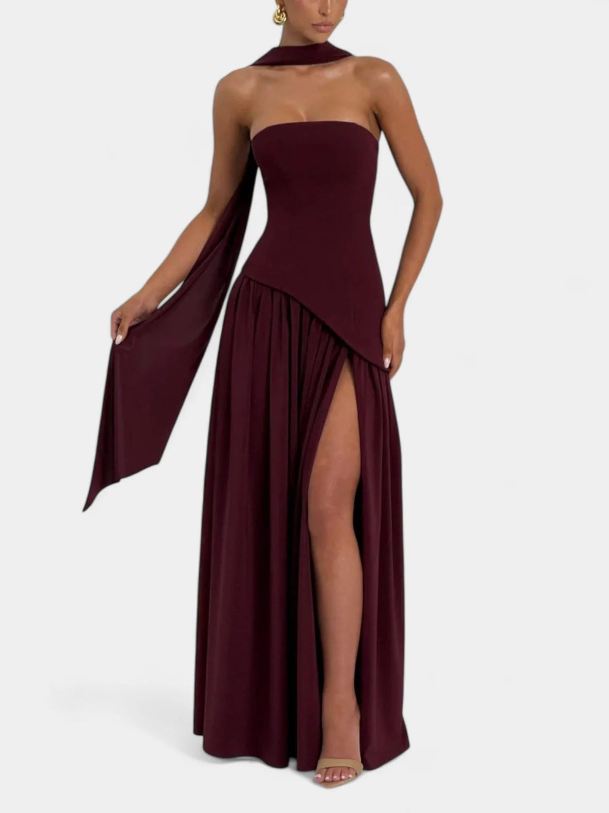 Strapless Scarf Neck Pleated Peplum Maxi Dress 28