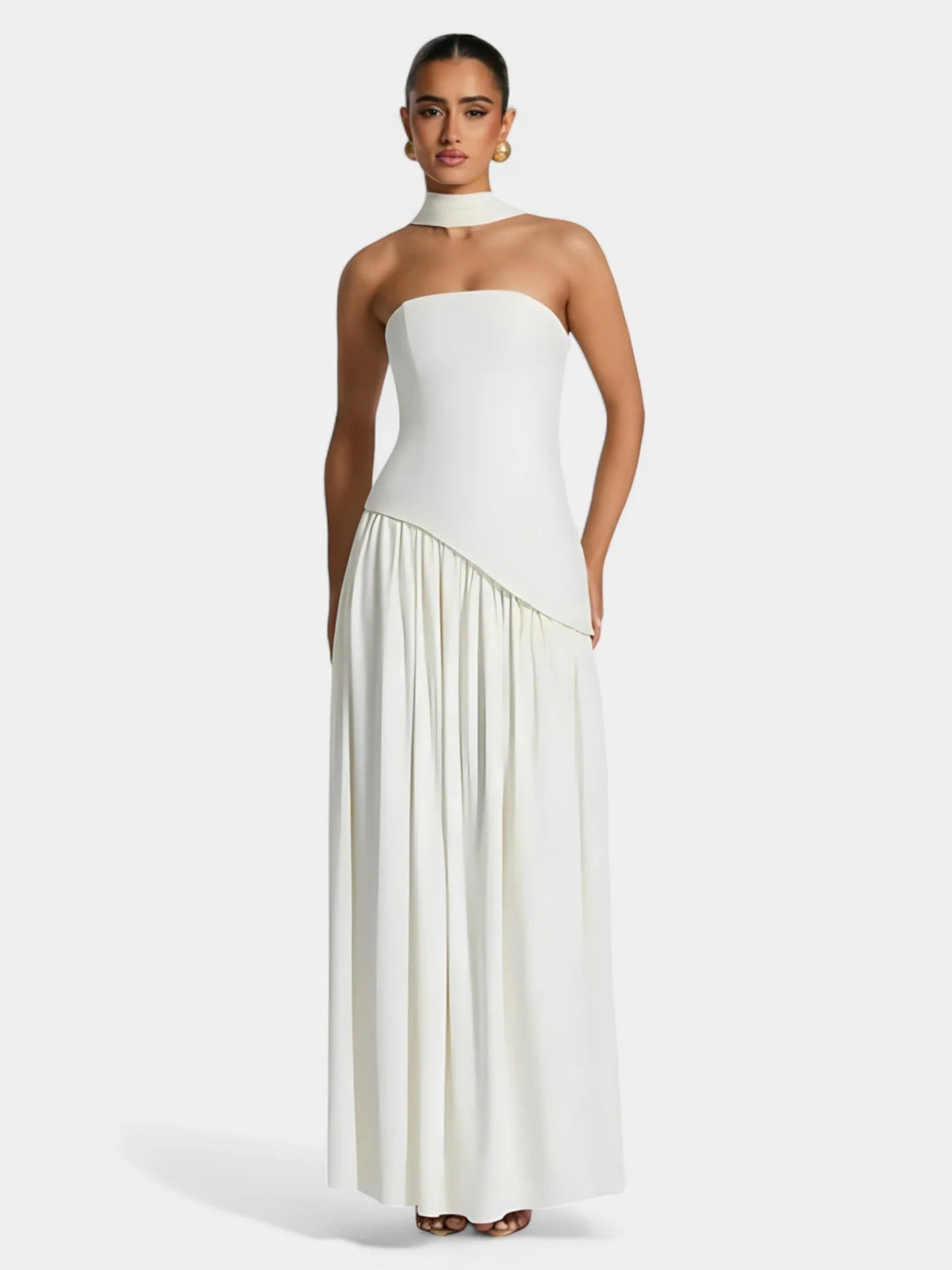 Strapless Scarf Neck Pleated Peplum Maxi Dress 31