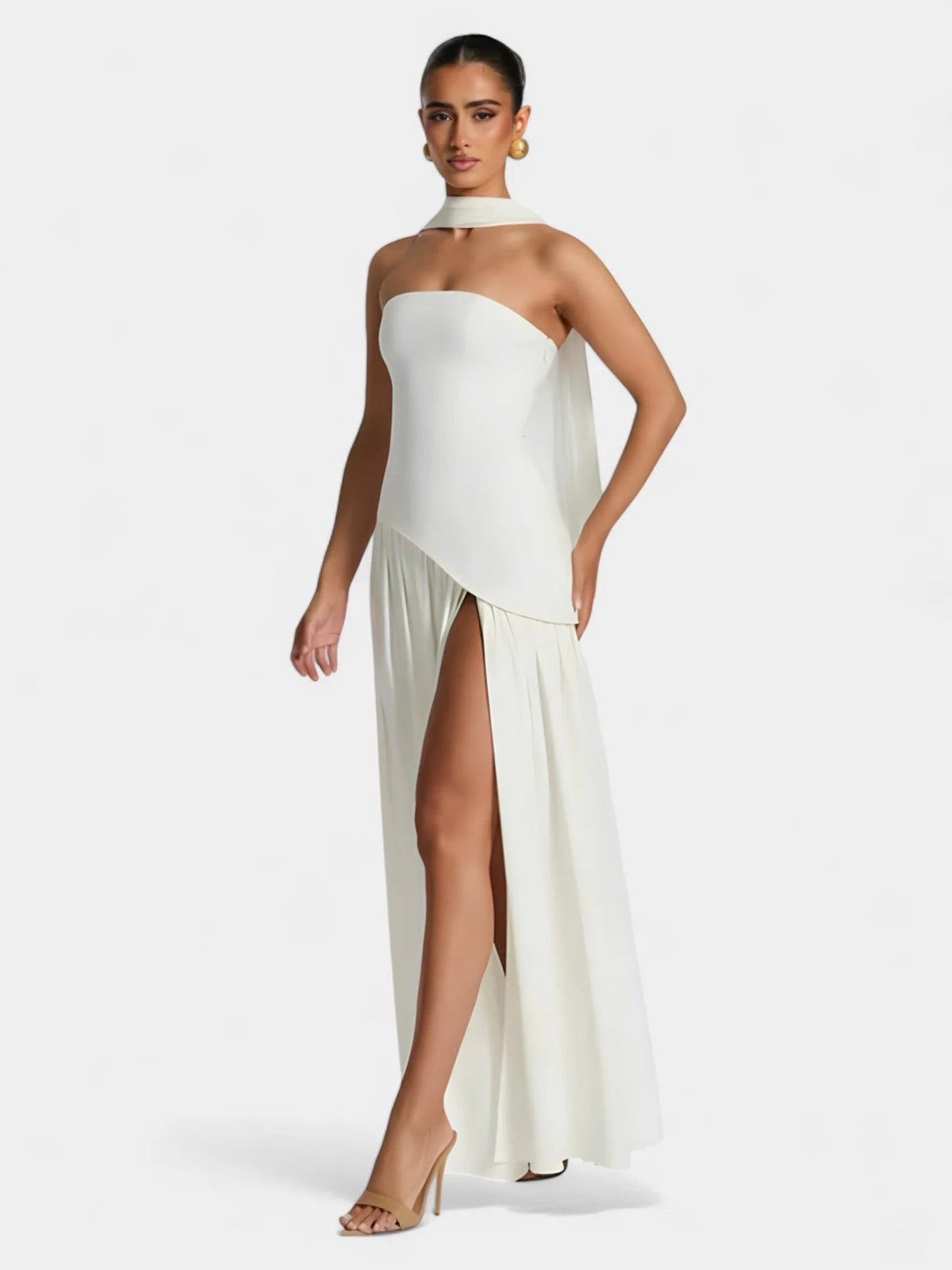 Strapless Scarf Neck Pleated Peplum Maxi Dress 33