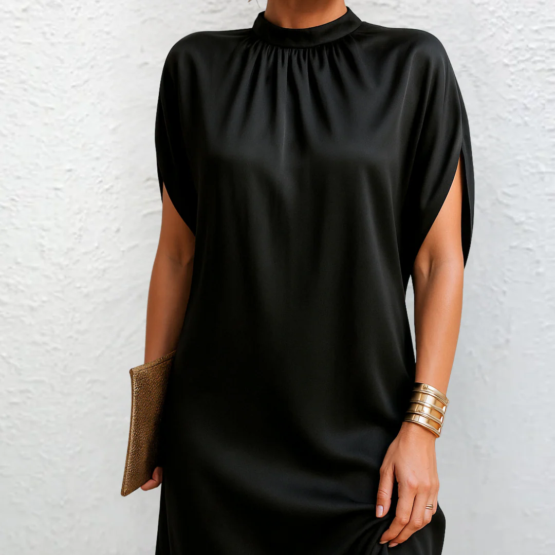Mock Neck Short Sleeve Satin Look Shift Mini Dress 4