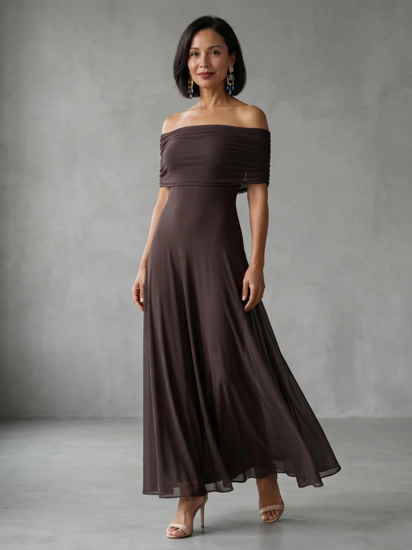 Off Shoulder Ruched Short Sleeve Chiffon Fit and Flare Maxi Dress 2