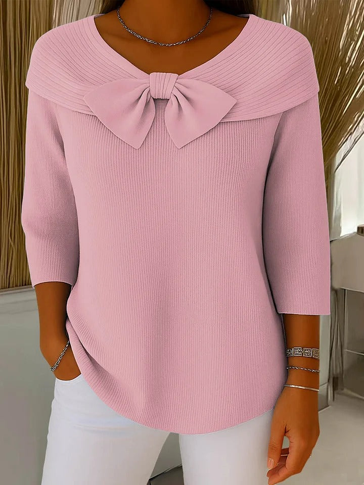 Bow Detail Foldover Neck Ribbed Knit Top 2
