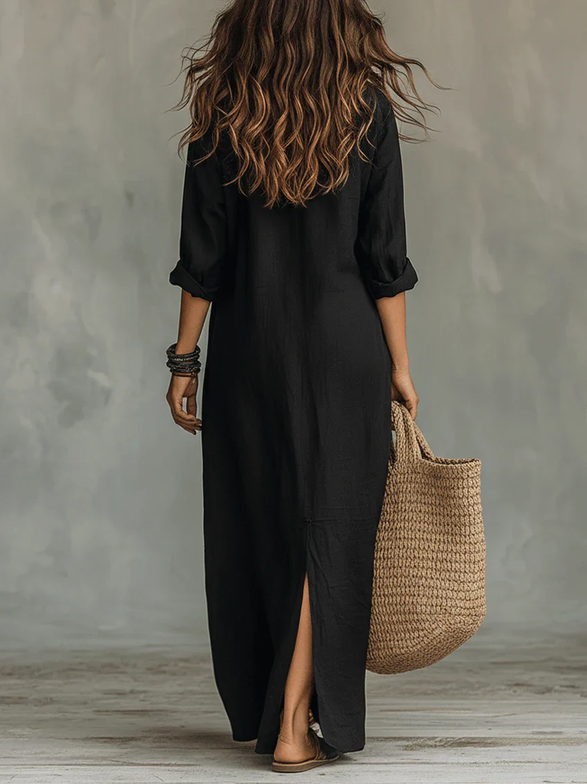 Collared Button Front Long Sleeve Side Split Maxi Shirt Dress 9