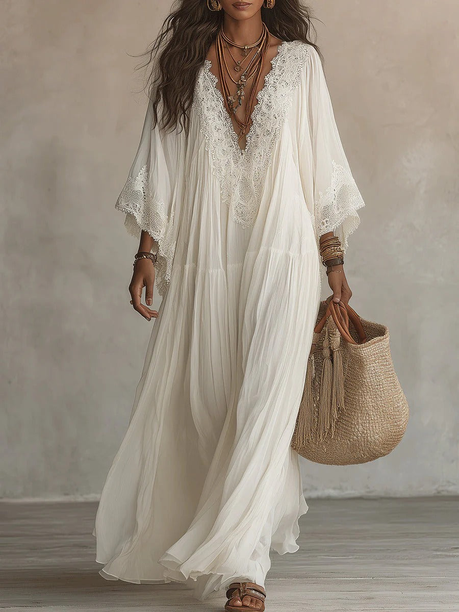 Lace Trim V-Neck Long Sleeve Boho Flowy Maxi Dress