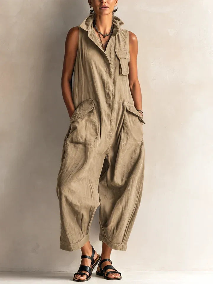 Collared Sleeveless Patch Pocket Wide Leg Jumpsuit 3