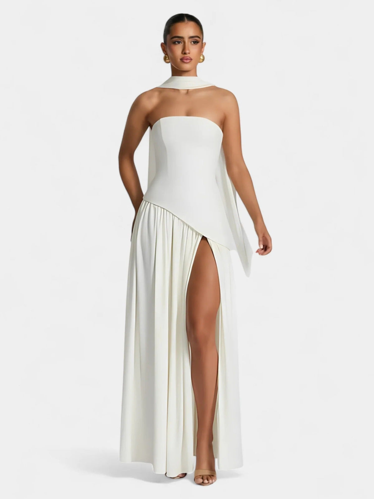 Strapless Scarf Neck Pleated Peplum Maxi Dress 35