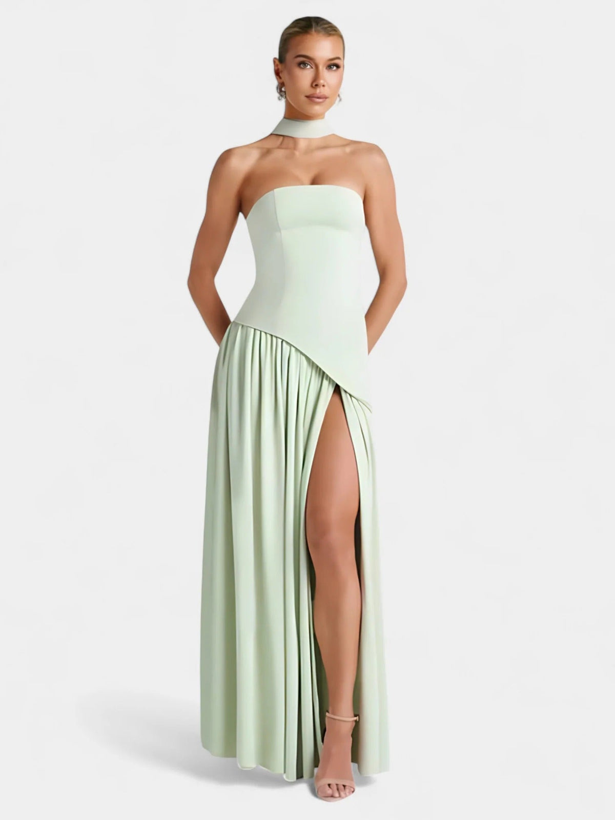 Strapless Scarf Neck Pleated Peplum Maxi Dress 36