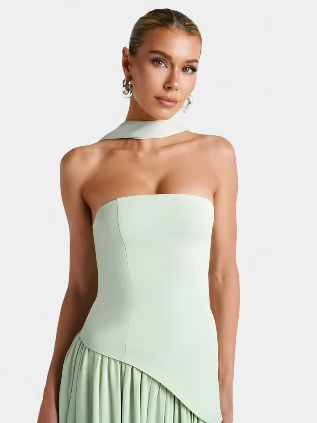Strapless Scarf Neck Pleated Peplum Maxi Dress 38