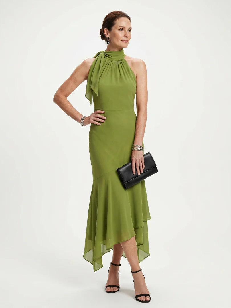 Halter Neck Tie Detail High Low Ruffle Midi Dress 2