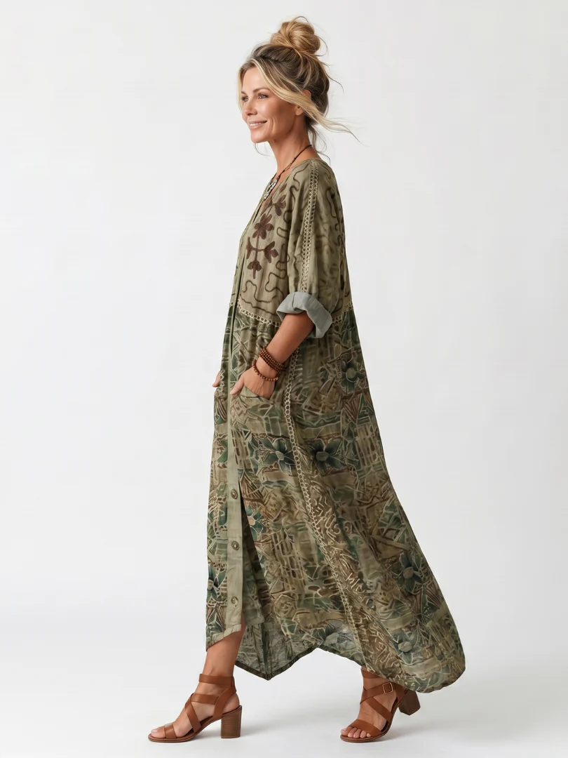 Geometric Print Button Front Rolled Sleeve Kaftan Maxi Dress 3