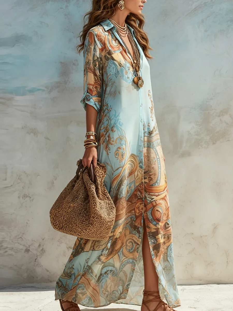 Baroque Print Button Front Long Sleeve Shirt Maxi Dress 3