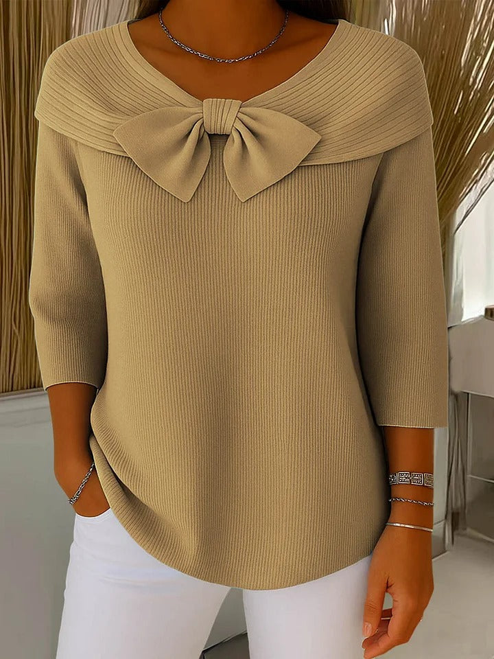 Bow Detail Foldover Neck Ribbed Knit Top 3