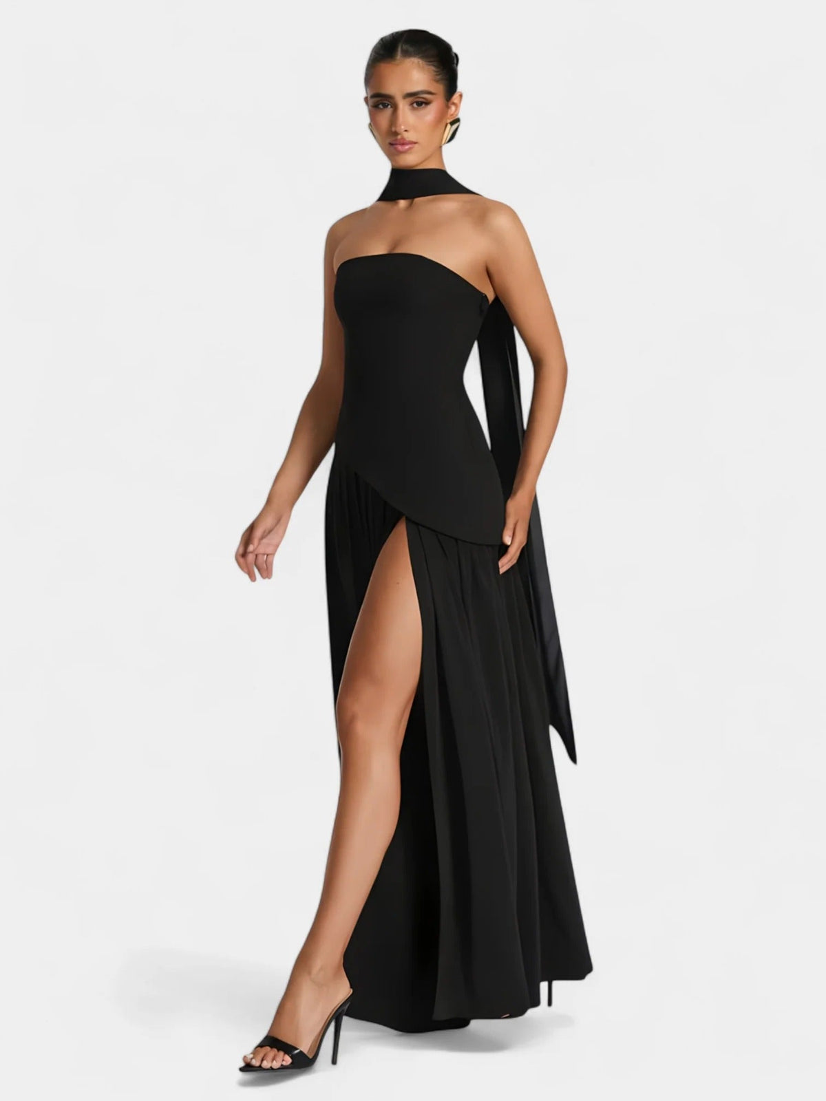 Strapless Scarf Neck Pleated Peplum Maxi Dress 44