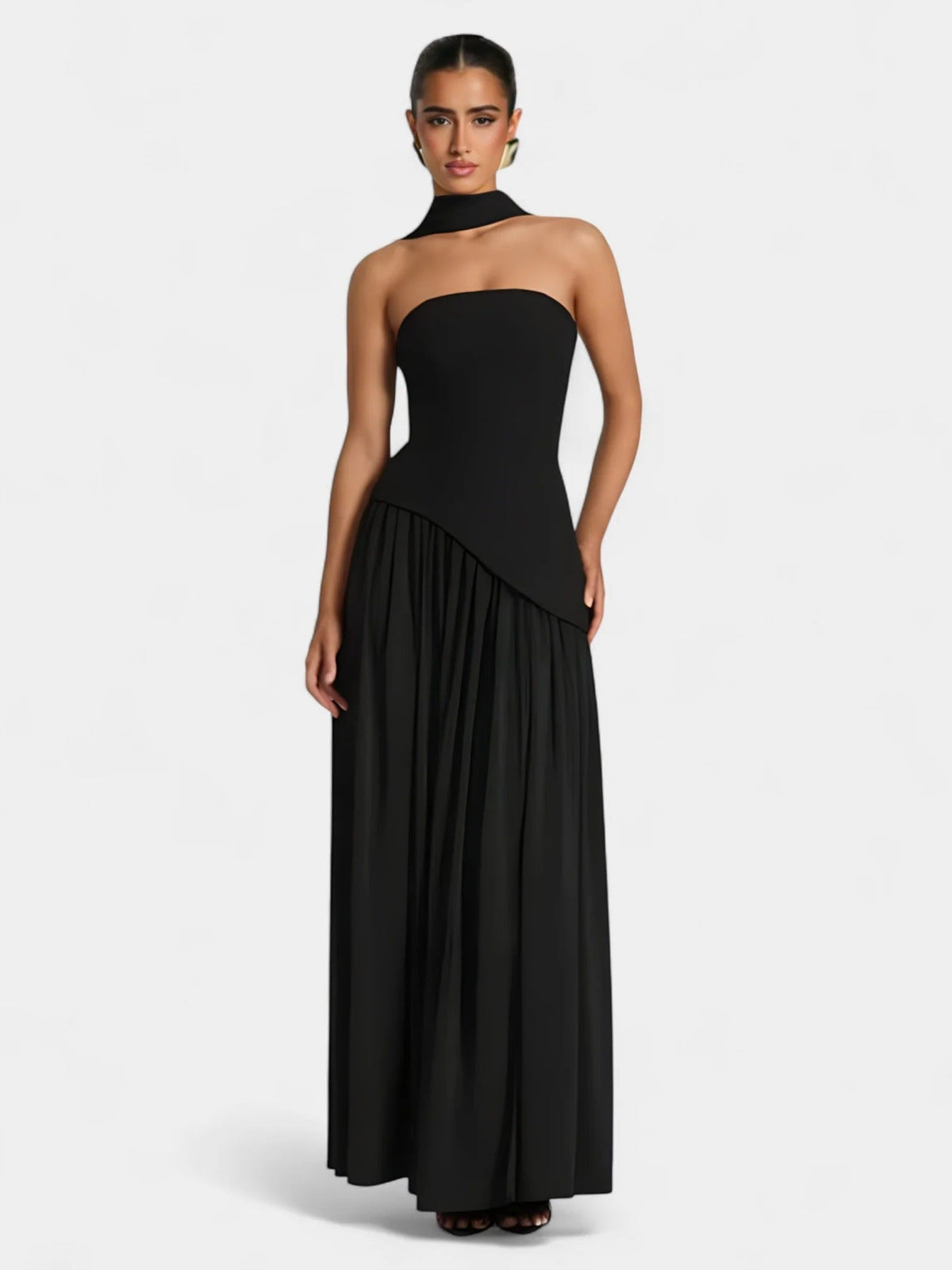 Strapless Scarf Neck Pleated Peplum Maxi Dress 45