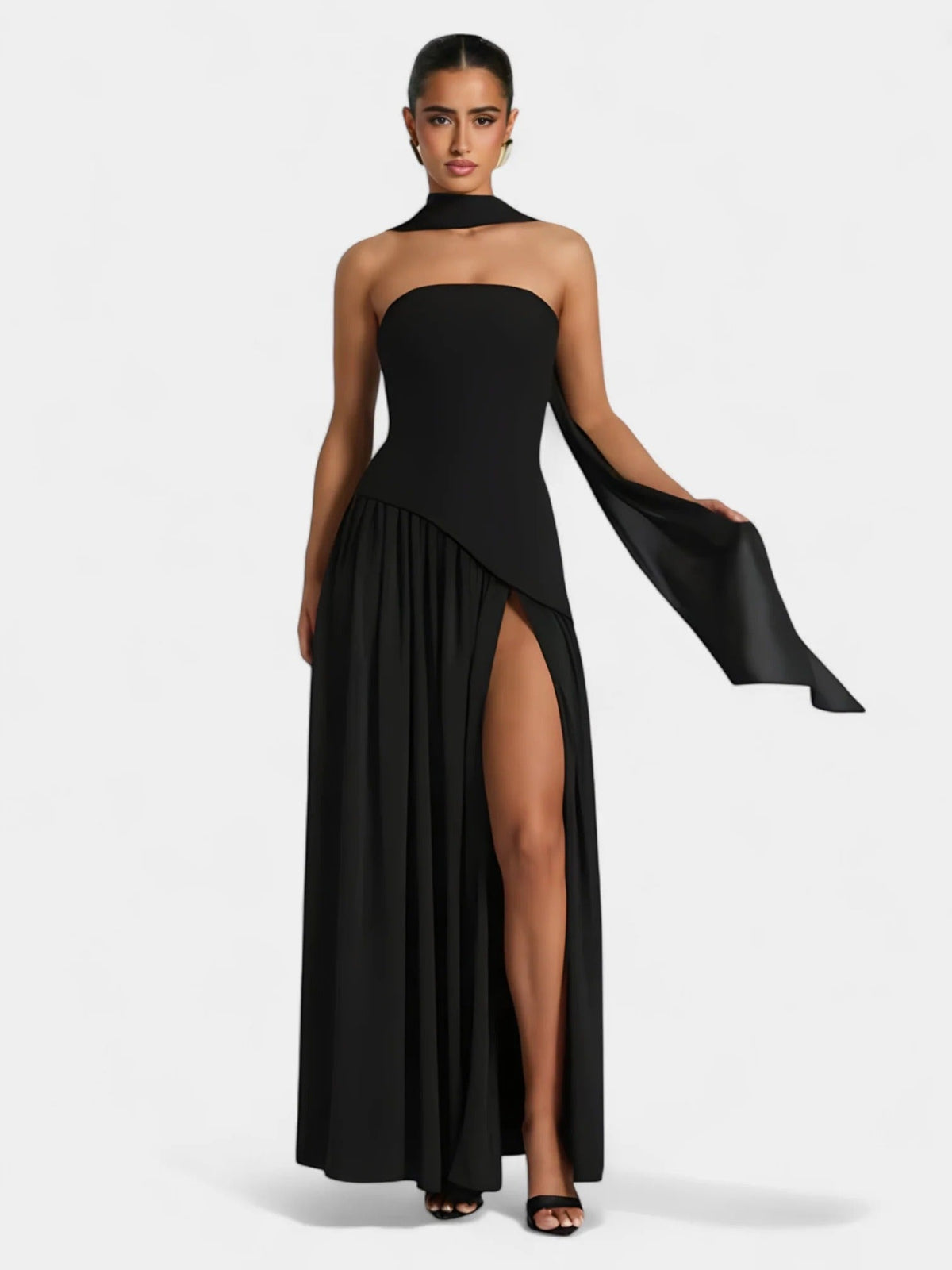 Strapless Scarf Neck Pleated Peplum Maxi Dress 47