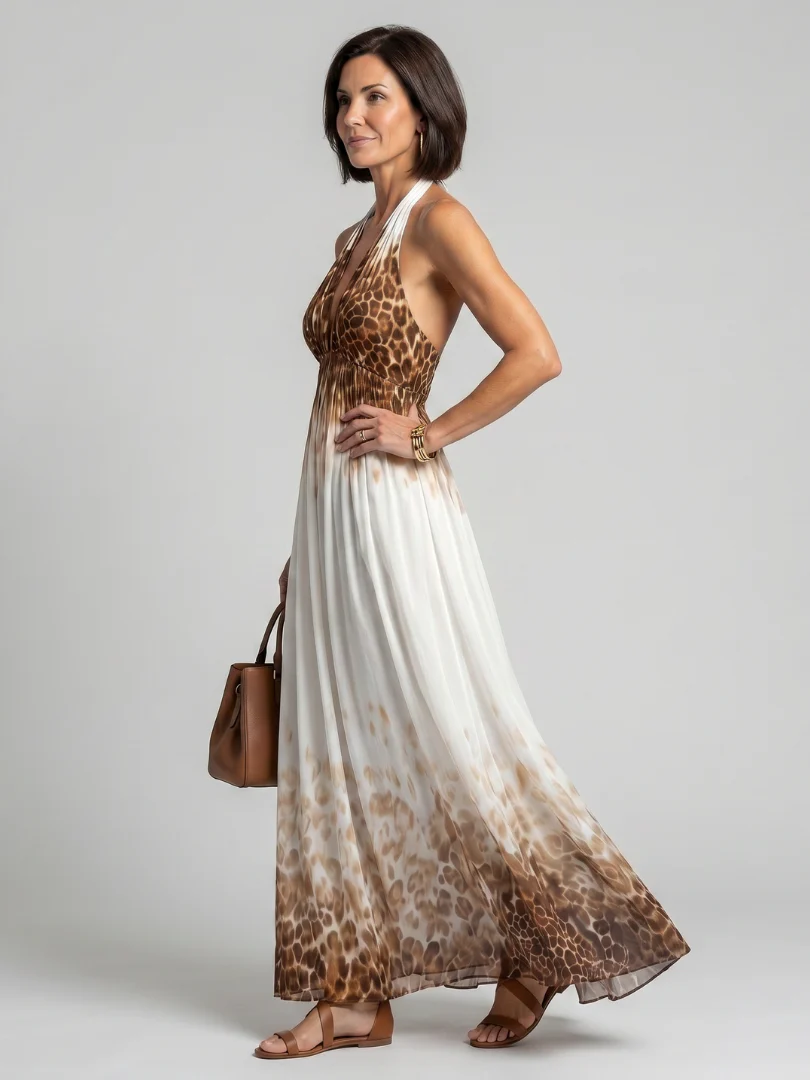 Leopard Print Halter Deep V-Neck Maxi Dress 2