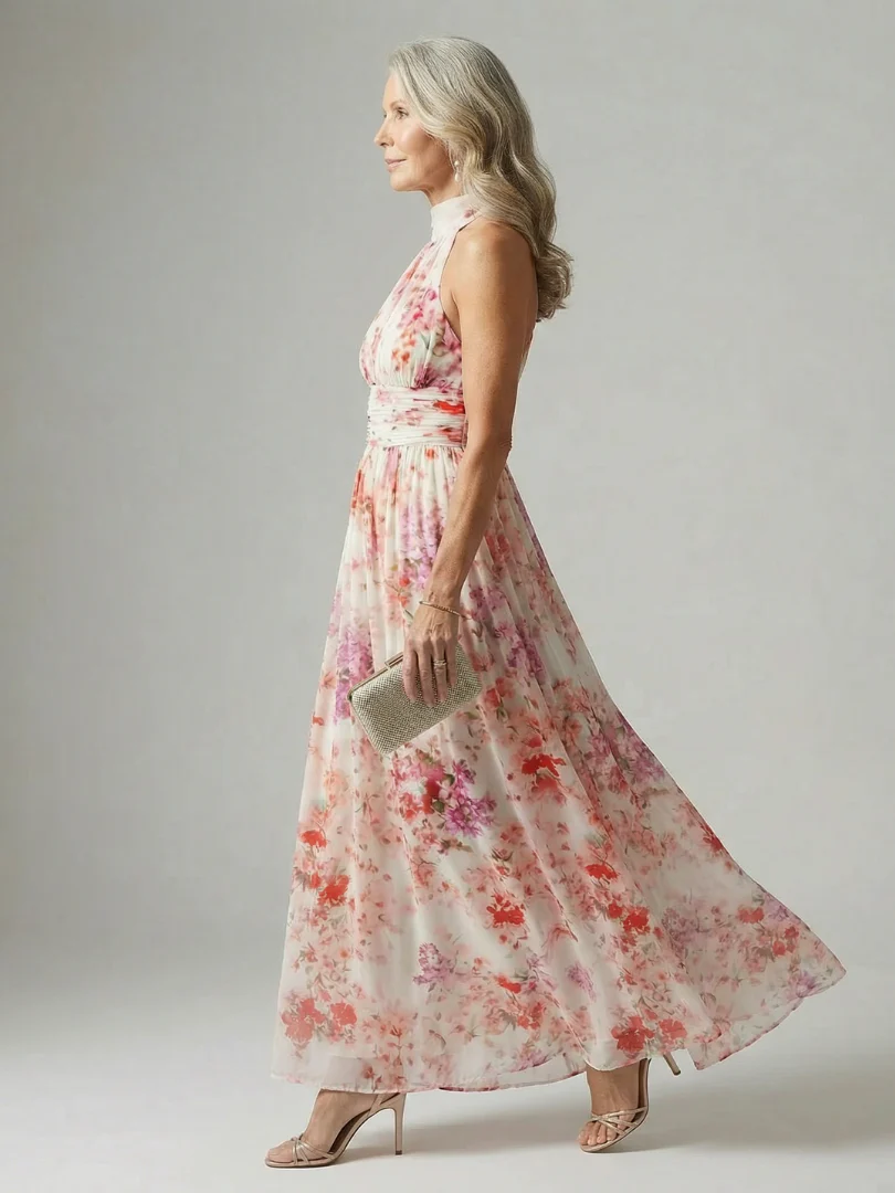 Floral Halter Neck Keyhole Ruched Chiffon Maxi Dress 5