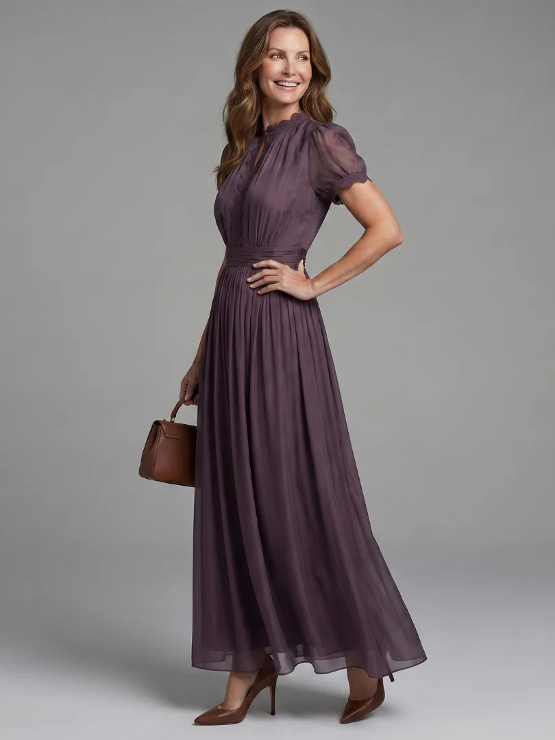 Lace Trim V-Neck Short Sleeve Pleated Chiffon Maxi Dress 5