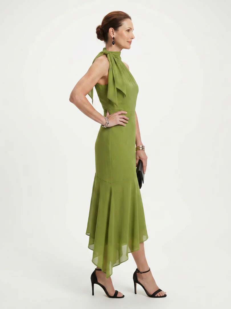 Halter Neck Tie Detail High Low Ruffle Midi Dress 4