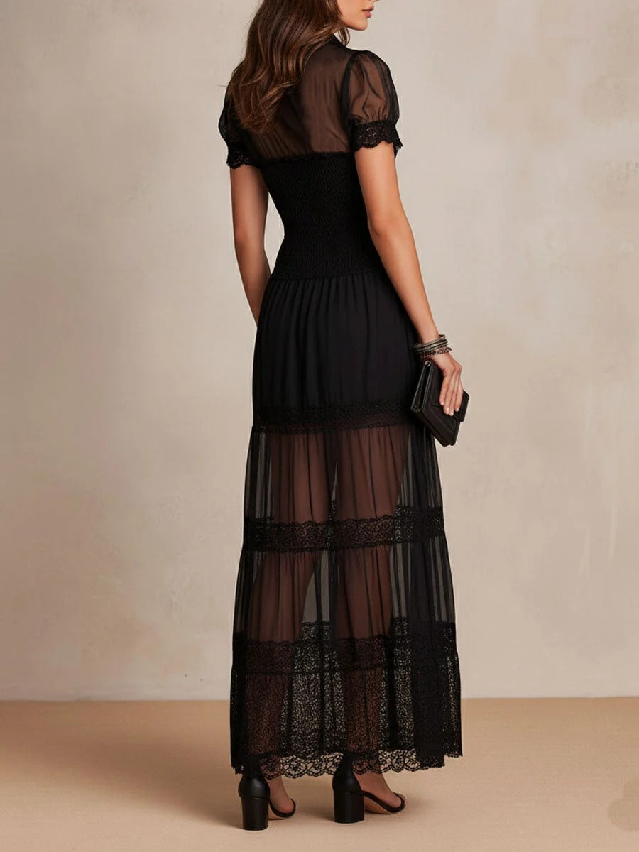 Sheer Mesh Lace Trim Button Front Smocked Waist Maxi Dress 4