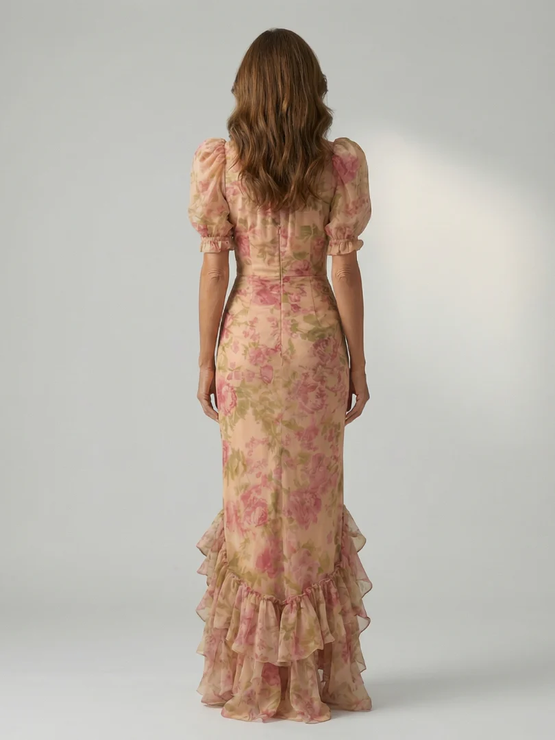 Floral High Neck Puff Sleeve Ruffle Hem Maxi Dress 3