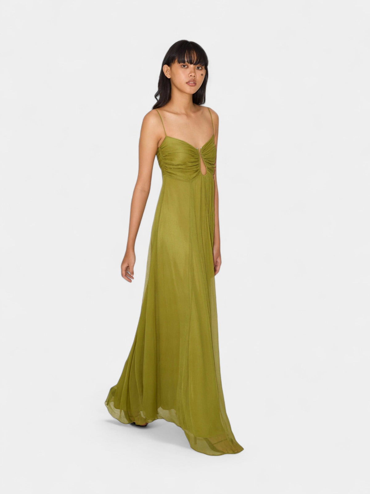 Spaghetti Strap Ruched Keyhole Cut Out Flowy Maxi Dress 2