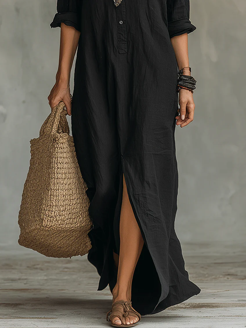 Collared Button Front Long Sleeve Side Split Maxi Shirt Dress 10